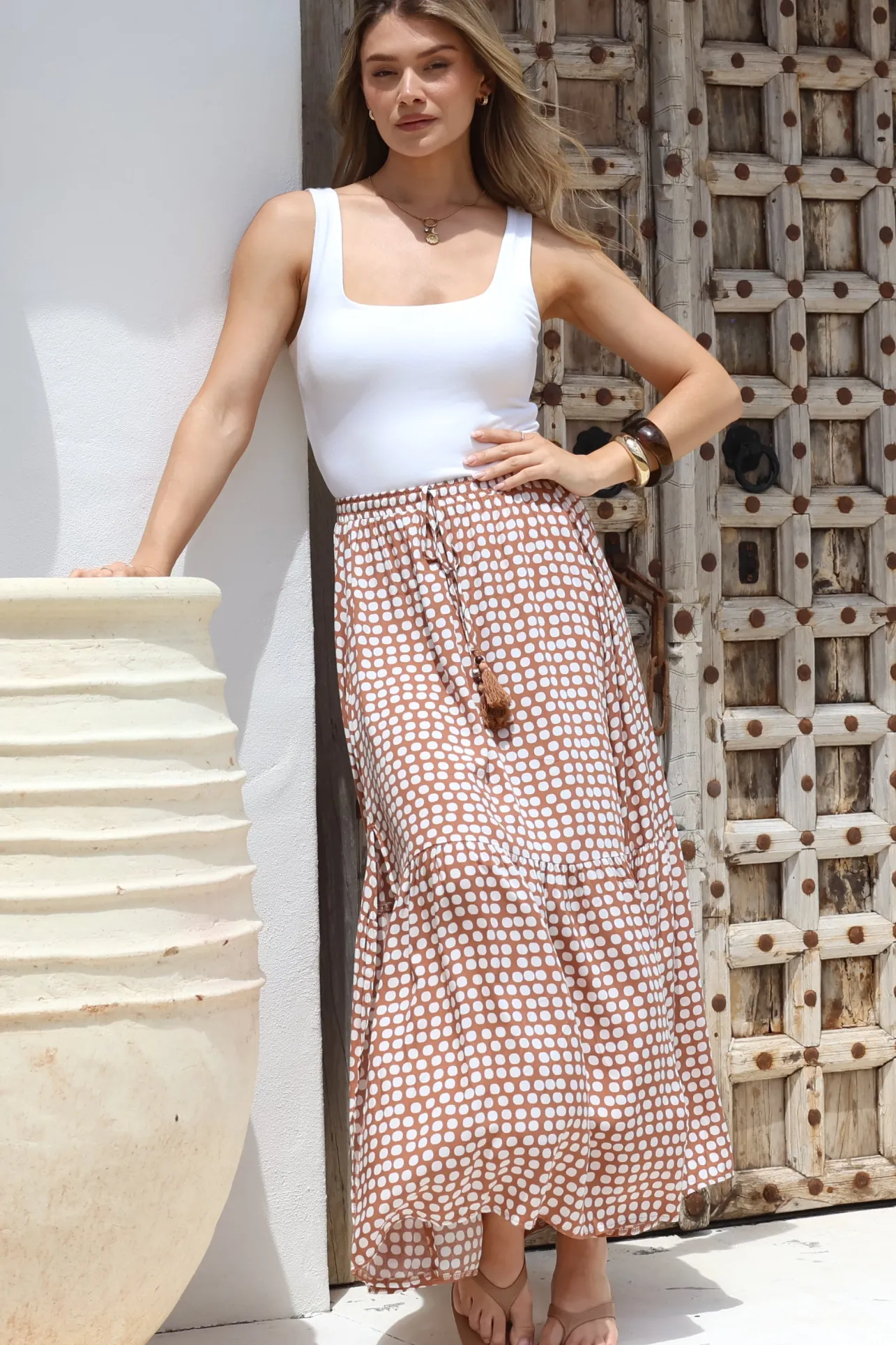 Hellen Maxi Skirt - High Waisted Skirt with Front Splits in Maryanne Print Tan>Salty Crush Online