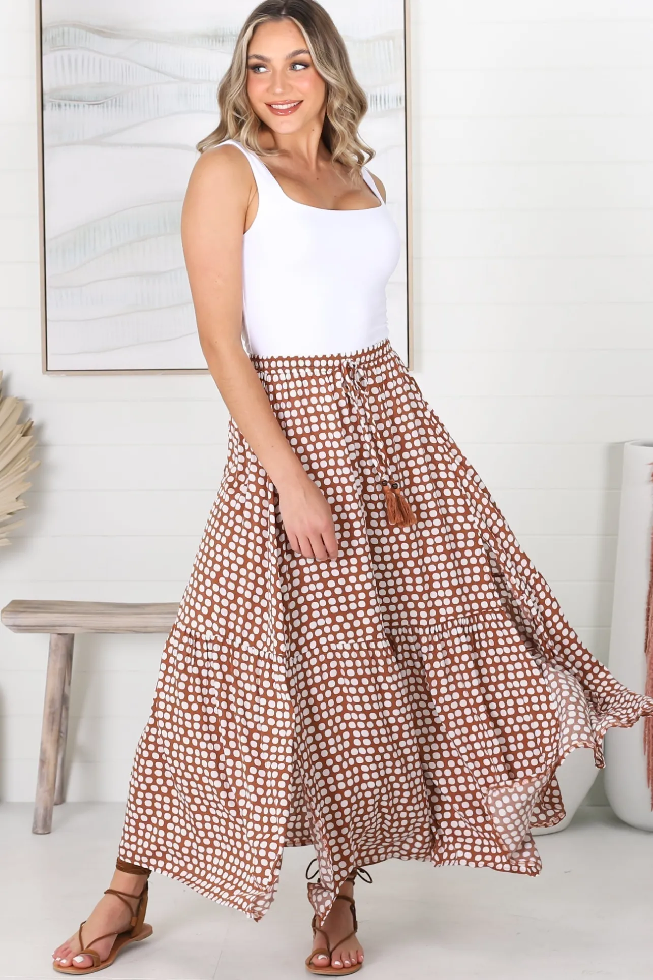 Hellen Maxi Skirt - High Waisted Skirt with Front Splits in Maryanne Print Tan>Salty Crush Online