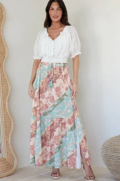 Hellen Maxi Skirt - High Waisted Skirt with Front Splits in Clavelle Print>Salty Crush