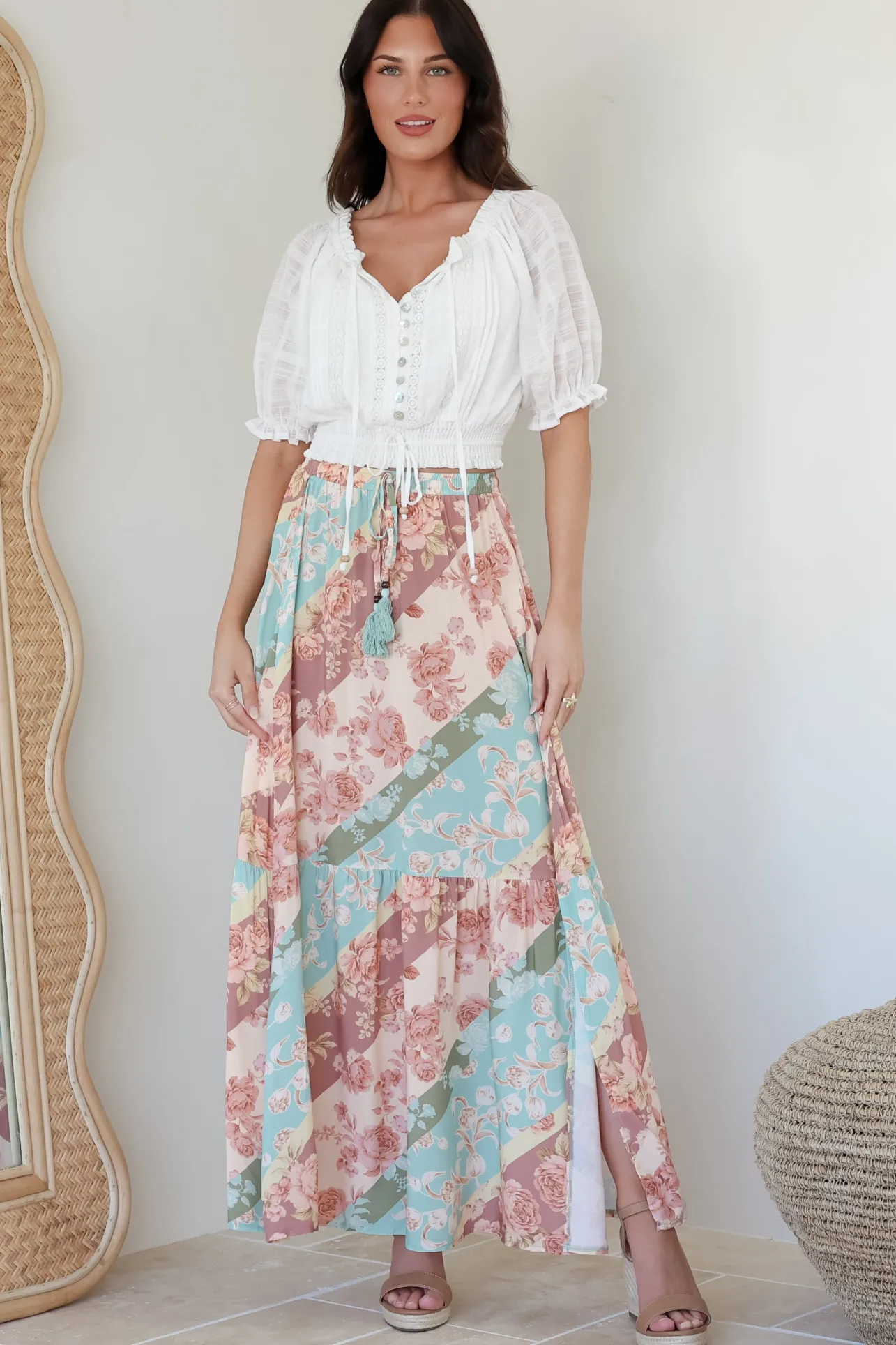 Hellen Maxi Skirt - High Waisted Skirt with Front Splits in Clavelle Print>Salty Crush