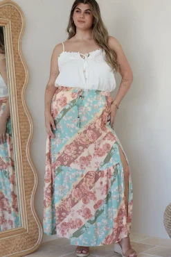 Hellen Maxi Skirt - High Waisted Skirt with Front Splits in Clavelle Print>Salty Crush
