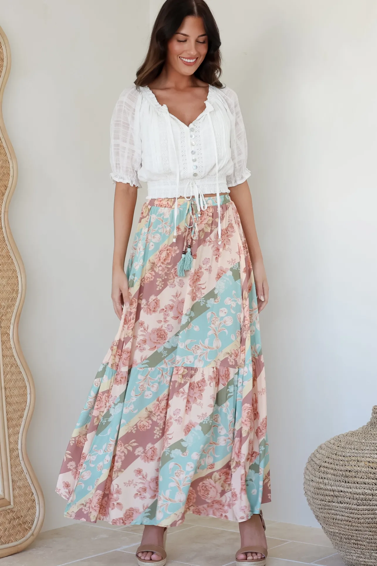 Hellen Maxi Skirt - High Waisted Skirt with Front Splits in Clavelle Print>Salty Crush