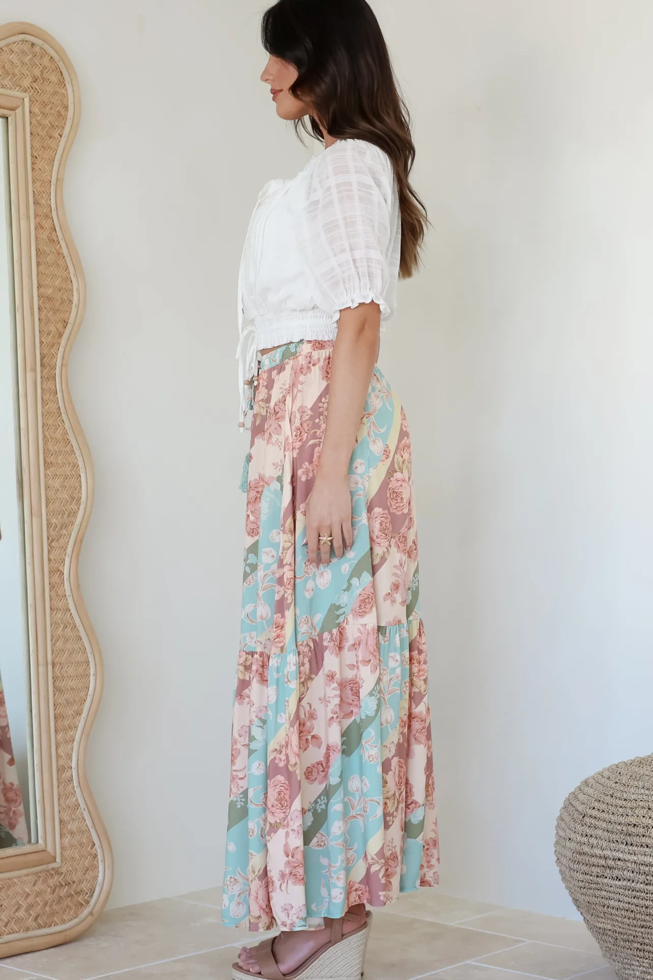 Hellen Maxi Skirt - High Waisted Skirt with Front Splits in Clavelle Print>Salty Crush
