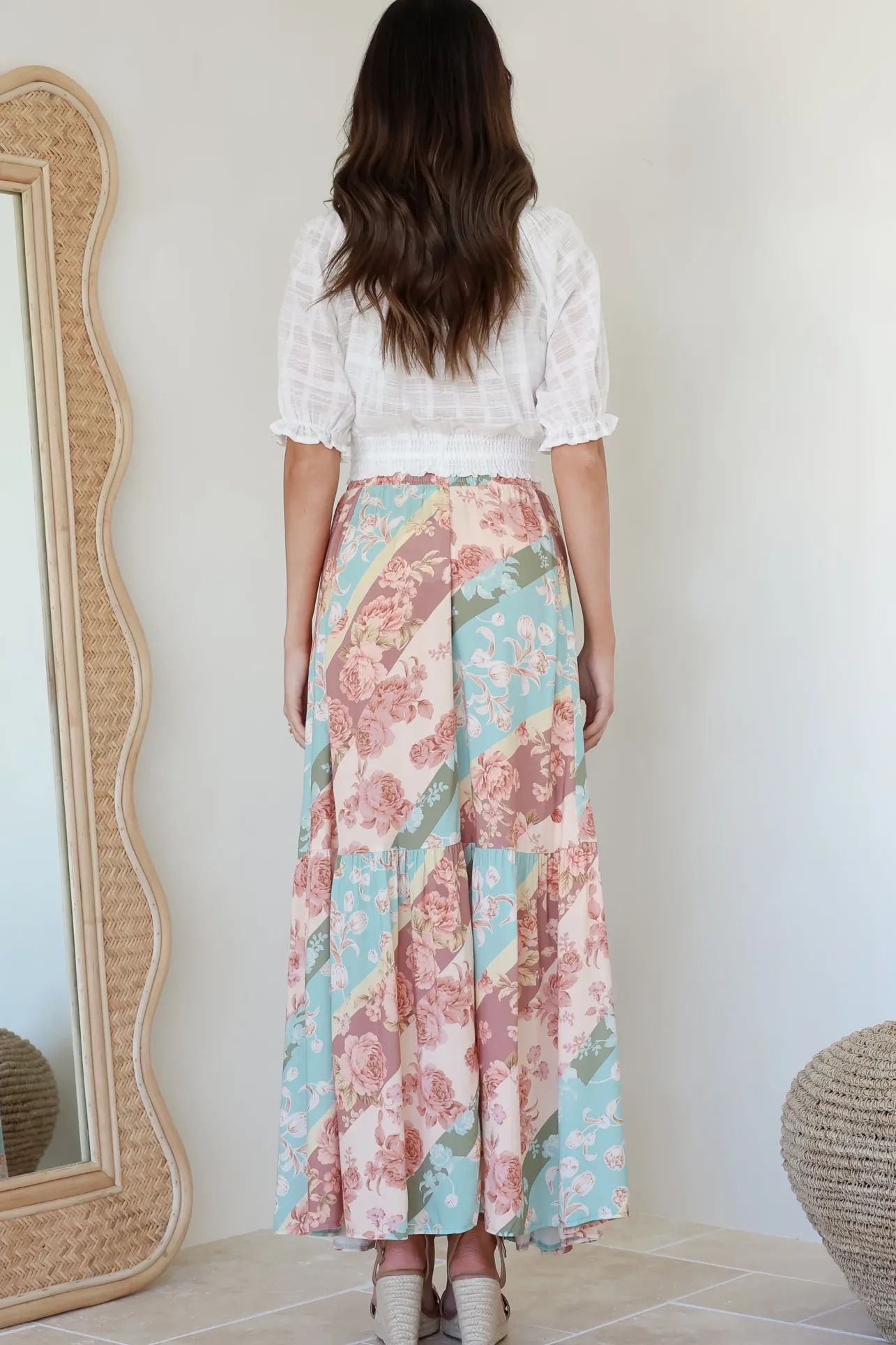 Hellen Maxi Skirt - High Waisted Skirt with Front Splits in Clavelle Print>Salty Crush