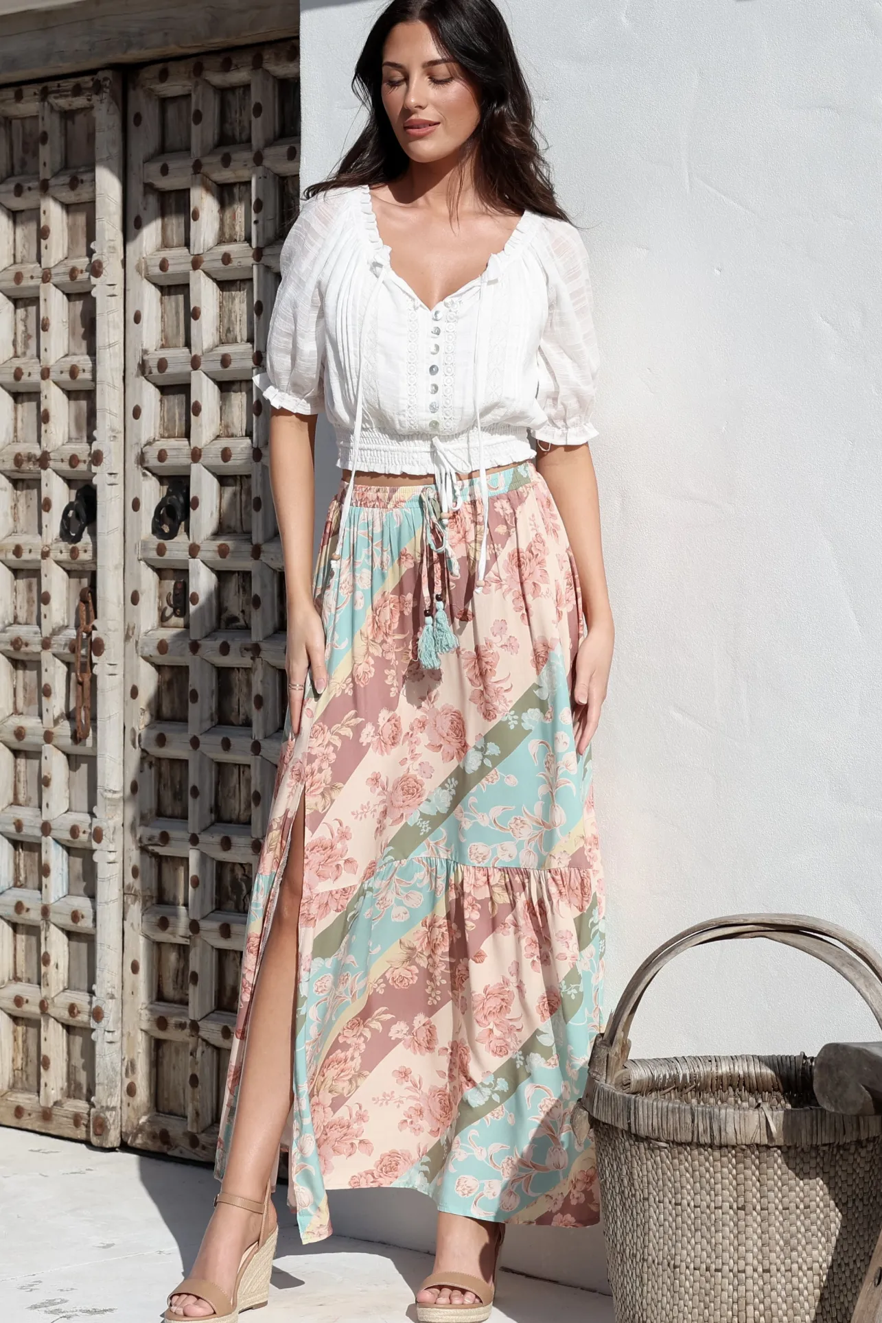 Hellen Maxi Skirt - High Waisted Skirt with Front Splits in Clavelle Print>Salty Crush
