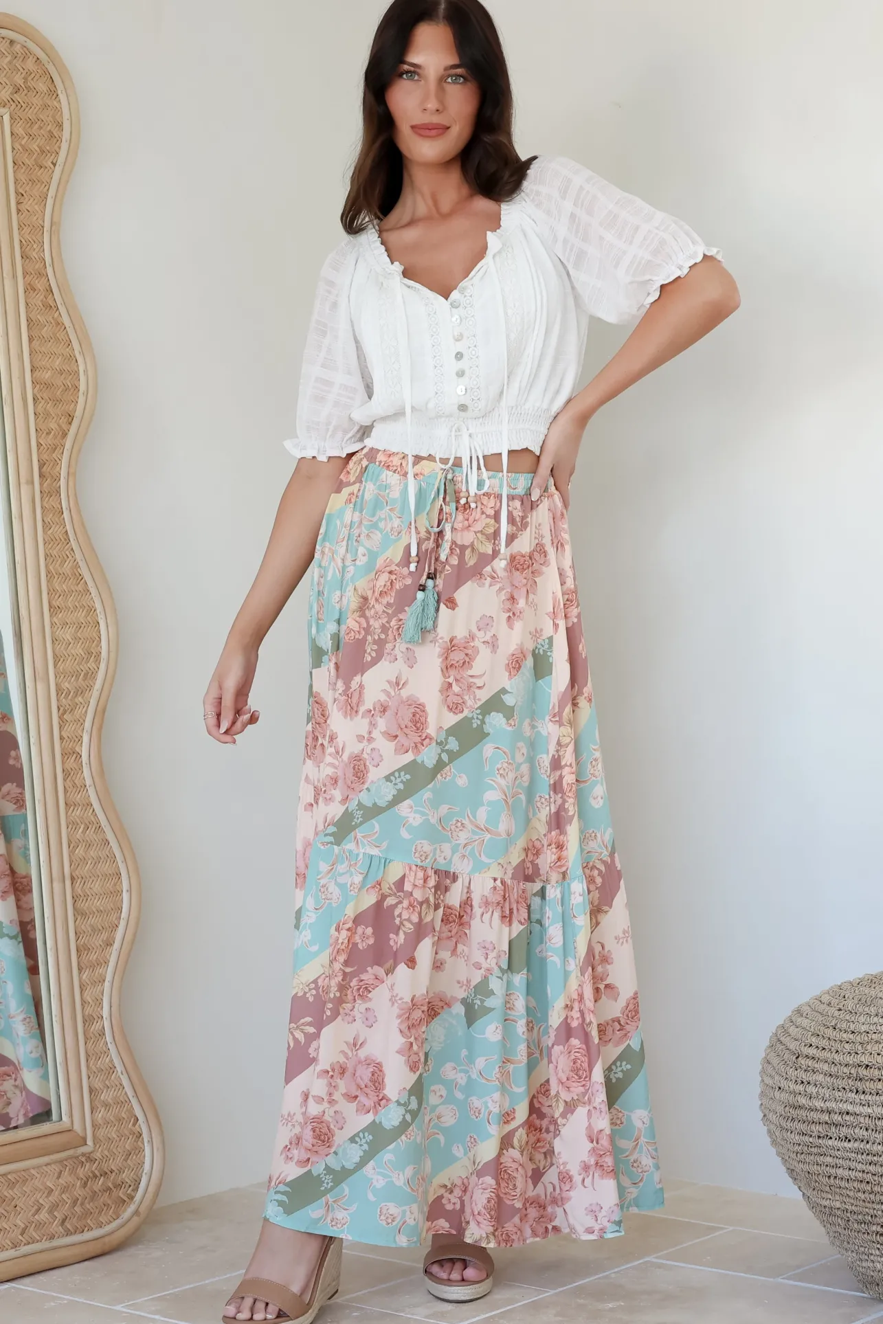 Hellen Maxi Skirt - High Waisted Skirt with Front Splits in Clavelle Print>Salty Crush