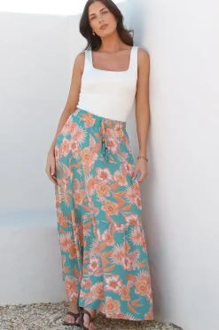 Hellen Maxi Skirt - High Waisted Skirt with Front Splits in Kawani Print Green>Salty Crush Clearance