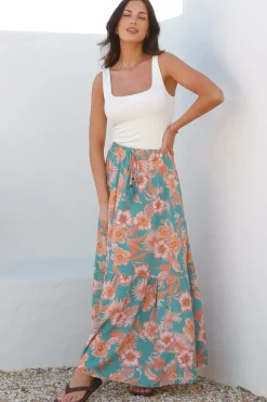 Hellen Maxi Skirt - High Waisted Skirt with Front Splits in Kawani Print Green><noscript><img width=