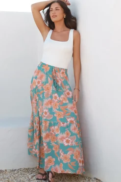Hellen Maxi Skirt - High Waisted Skirt with Front Splits in Kawani Print Green><noscript><img width=