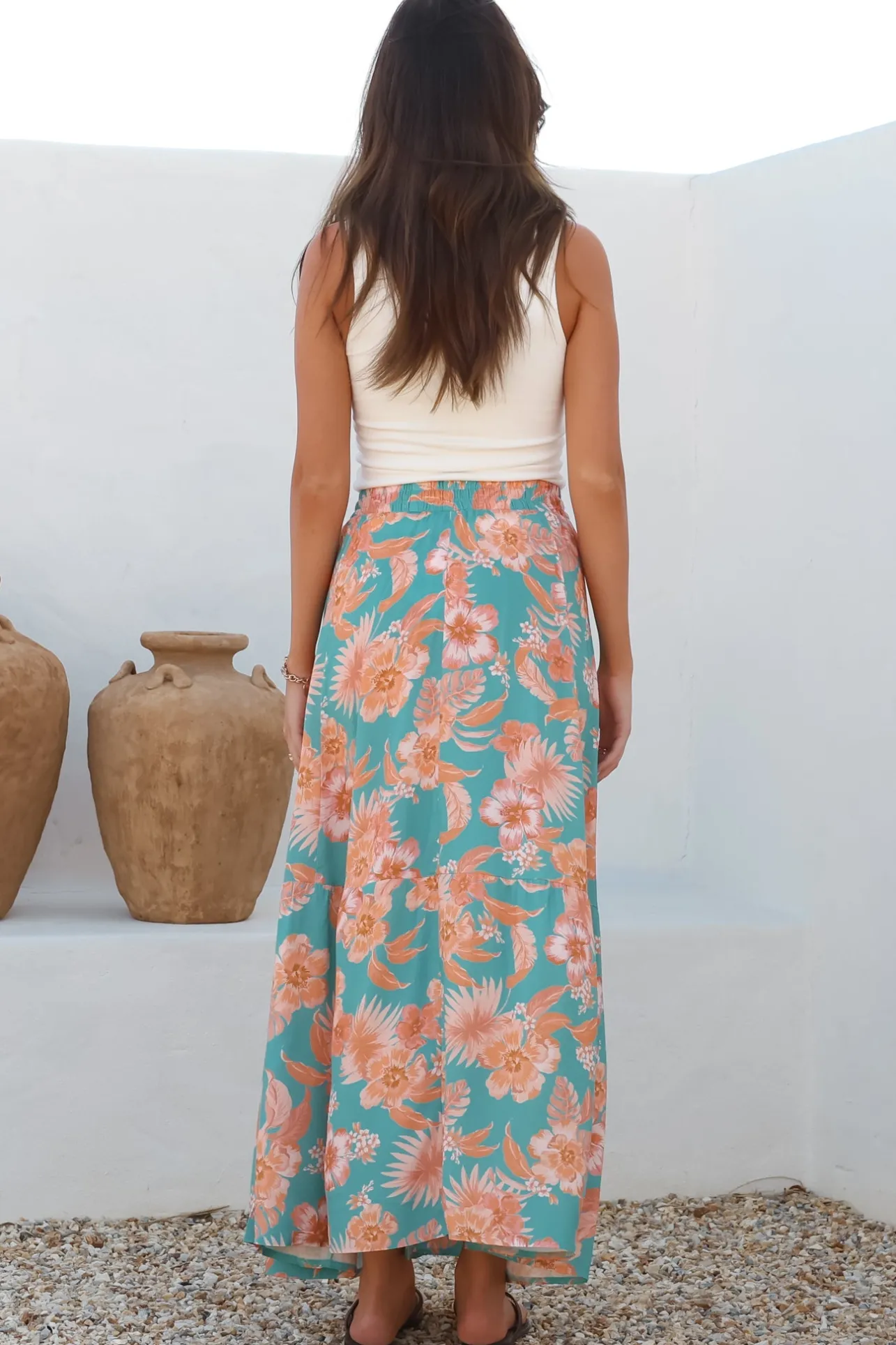 Hellen Maxi Skirt - High Waisted Skirt with Front Splits in Kawani Print Green>Salty Crush Clearance
