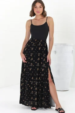 Hellen Maxi Skirt - High Waisted Skirt with Front Splits in Melany Print Black>Salty Crush Hot