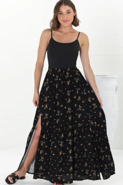 Hellen Maxi Skirt - High Waisted Skirt with Front Splits in Melany Print Black><noscript><img width=