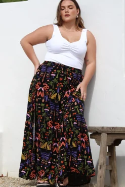 Hellen Maxi Skirt - High Waisted Skirt with Front Splits in Ayla Print Black>Salty Crush Best
