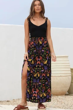 Hellen Maxi Skirt - High Waisted Skirt with Front Splits in Ayla Print Black>Salty Crush Best