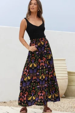 Hellen Maxi Skirt - High Waisted Skirt with Front Splits in Ayla Print Black><noscript><img width=