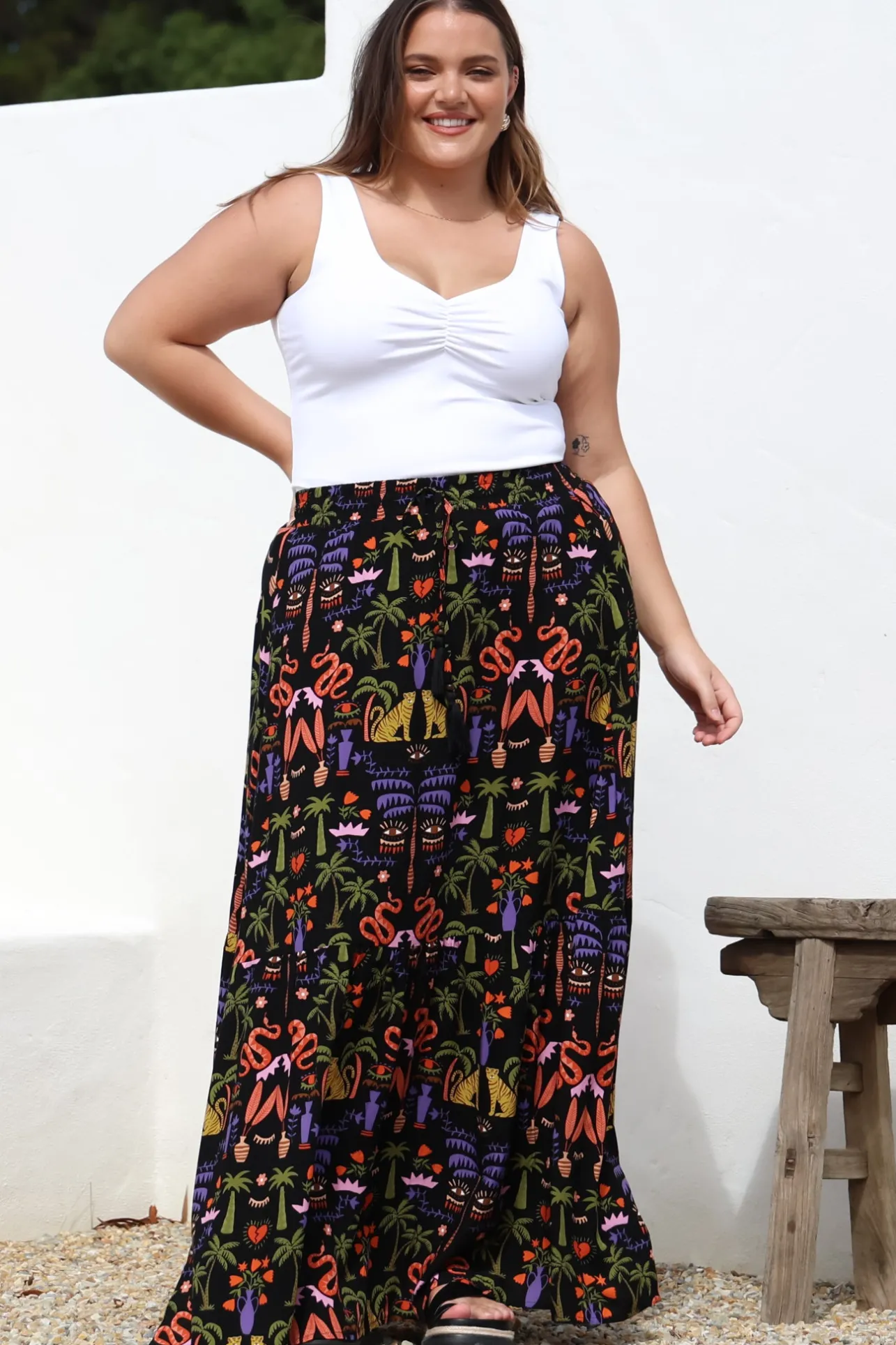 Hellen Maxi Skirt - High Waisted Skirt with Front Splits in Ayla Print Black>Salty Crush Best