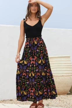 Hellen Maxi Skirt - High Waisted Skirt with Front Splits in Ayla Print Black><noscript><img width=