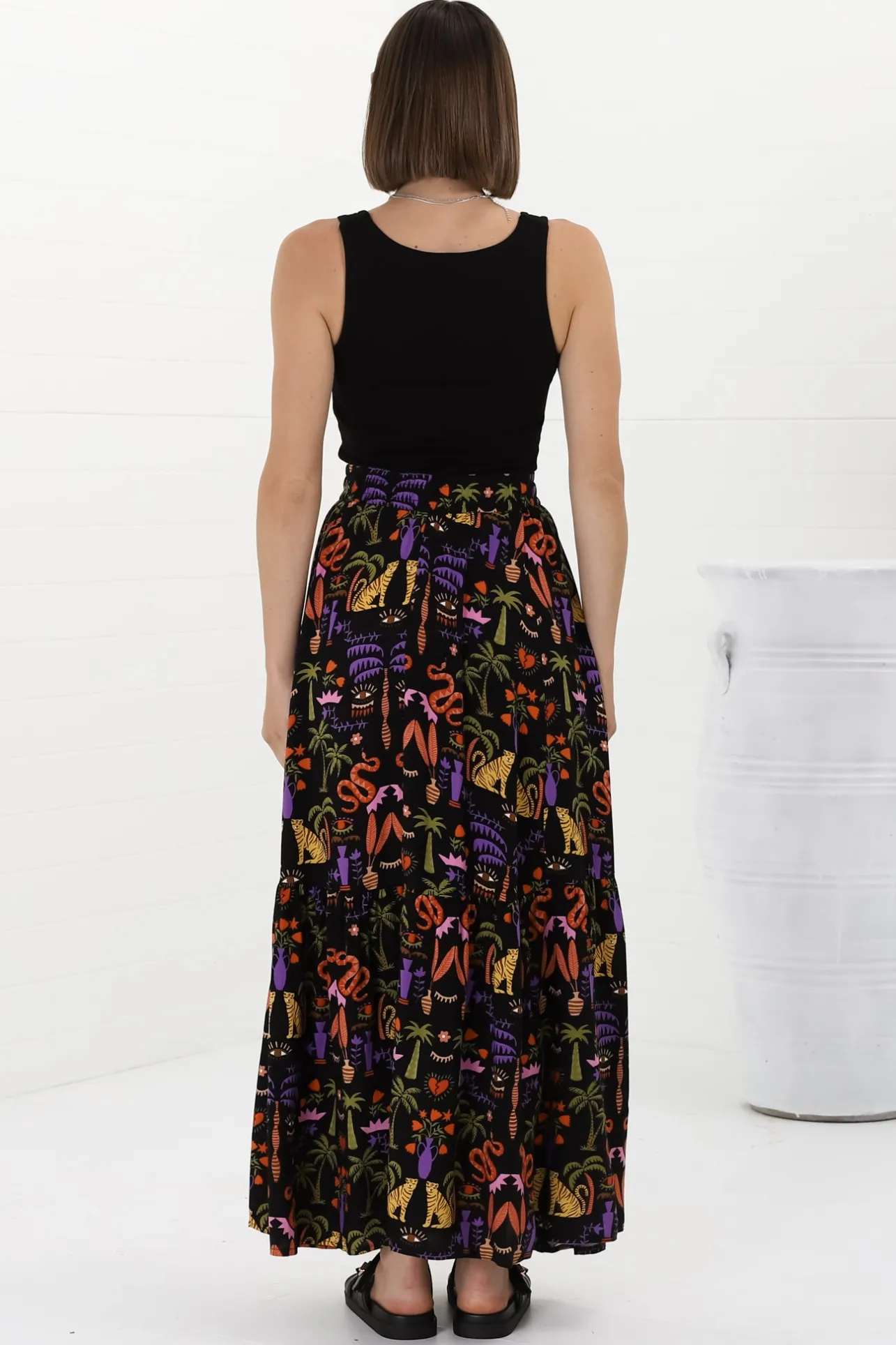 Hellen Maxi Skirt - High Waisted Skirt with Front Splits in Ayla Print Black>Salty Crush Best