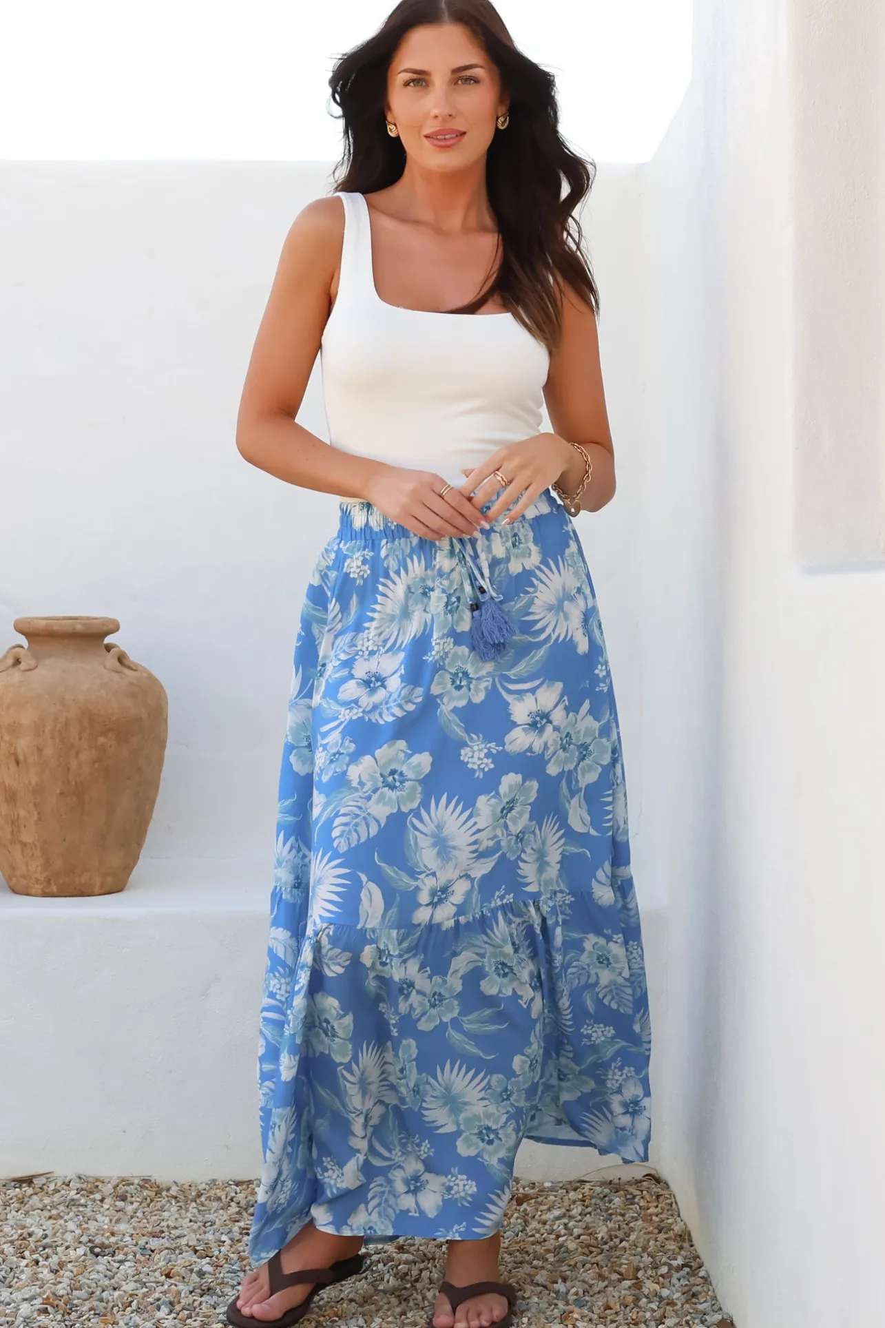 Hellen Maxi Skirt - High Waisted Skirt with Front Splits in Kawani Print Blue>Salty Crush Clearance