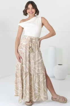 Hellen Maxi Skirt - High Waisted Skirt with Front Splits in Jeani Print Beige><noscript><img width=