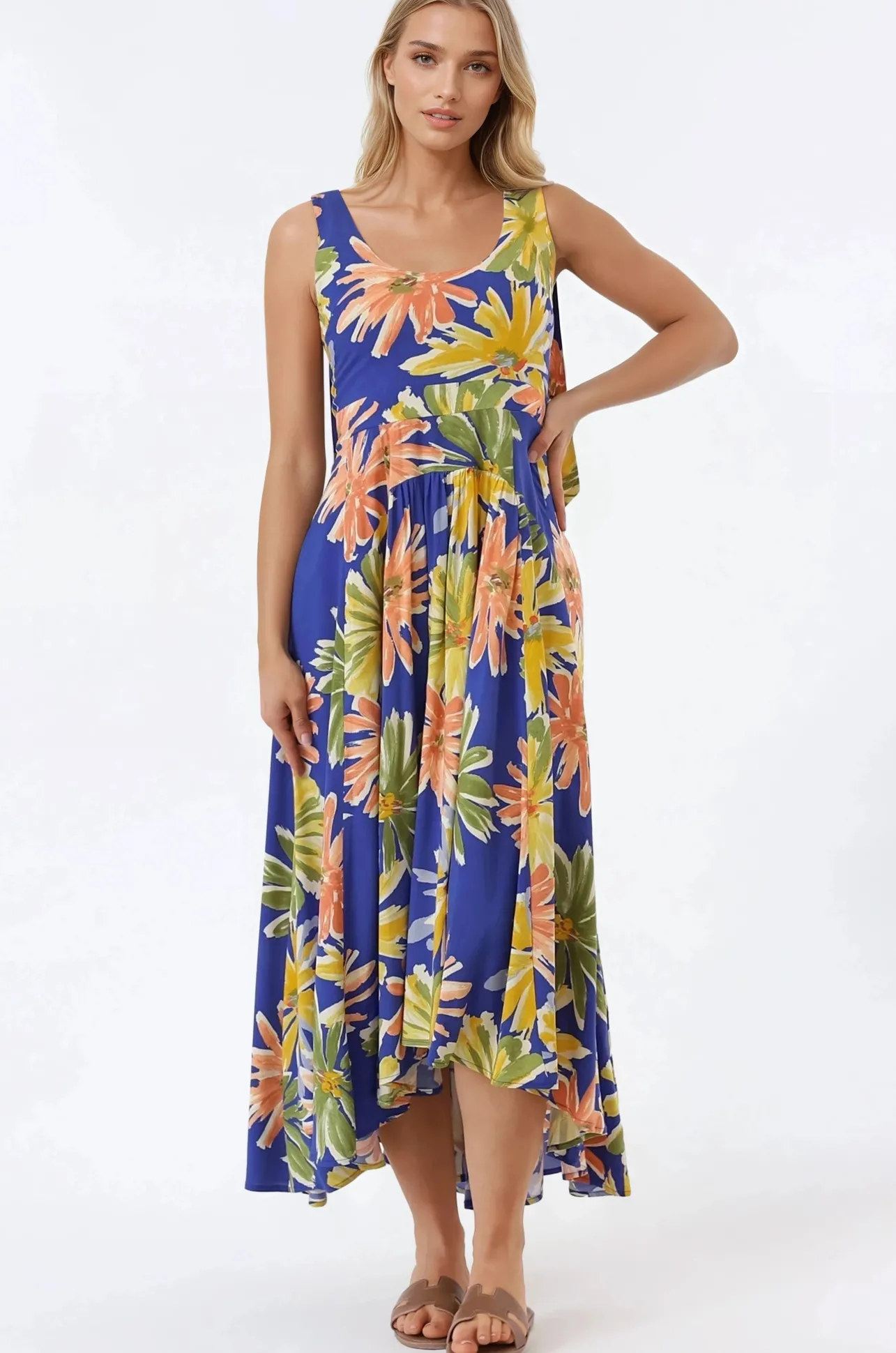 Hilde Maxi Dress - Tie Sleeve A-Line Sun Dress in Rosalia Print>Salty Crush Clearance