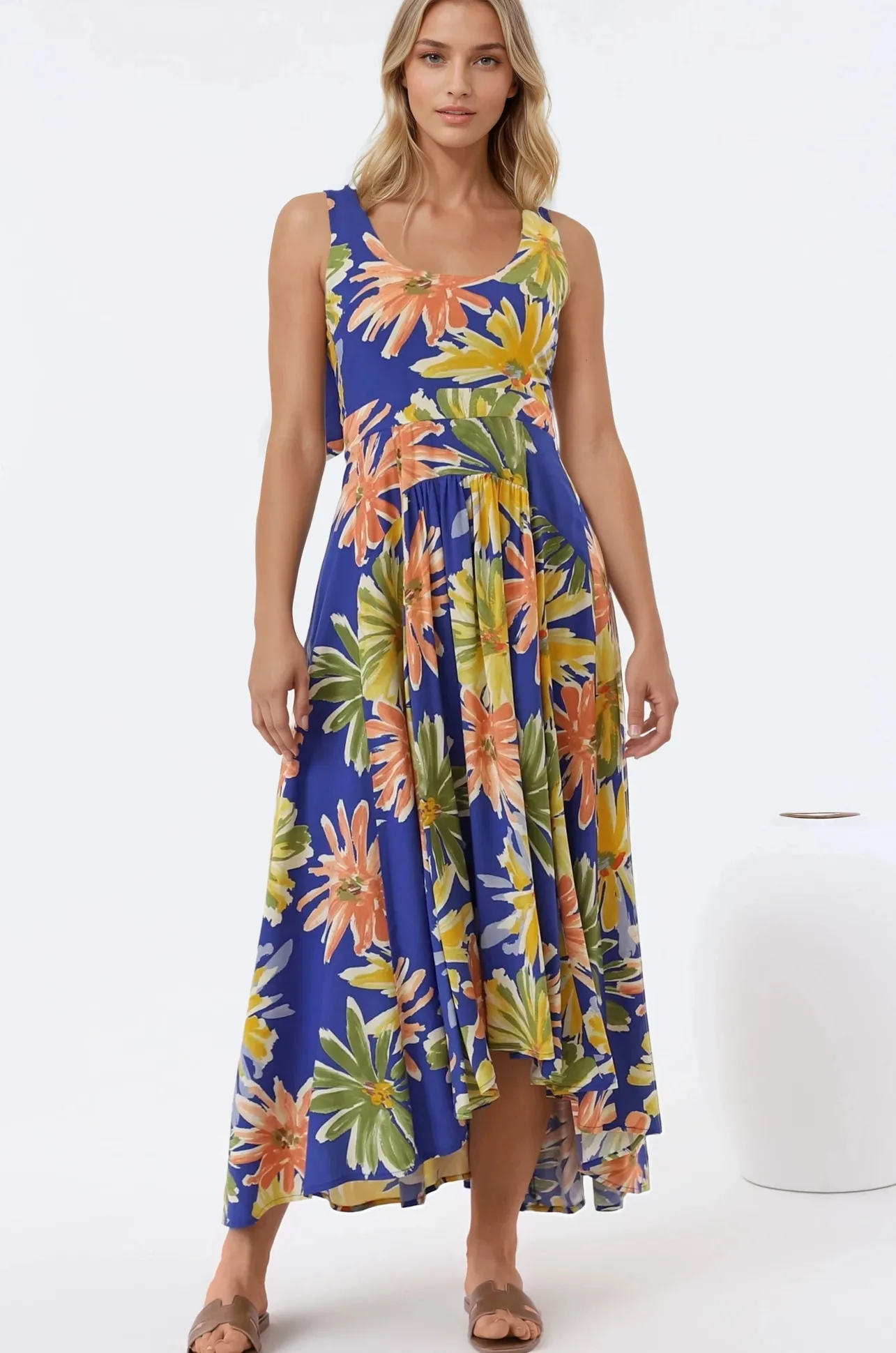 Hilde Maxi Dress - Tie Sleeve A-Line Sun Dress in Rosalia Print>Salty Crush Clearance