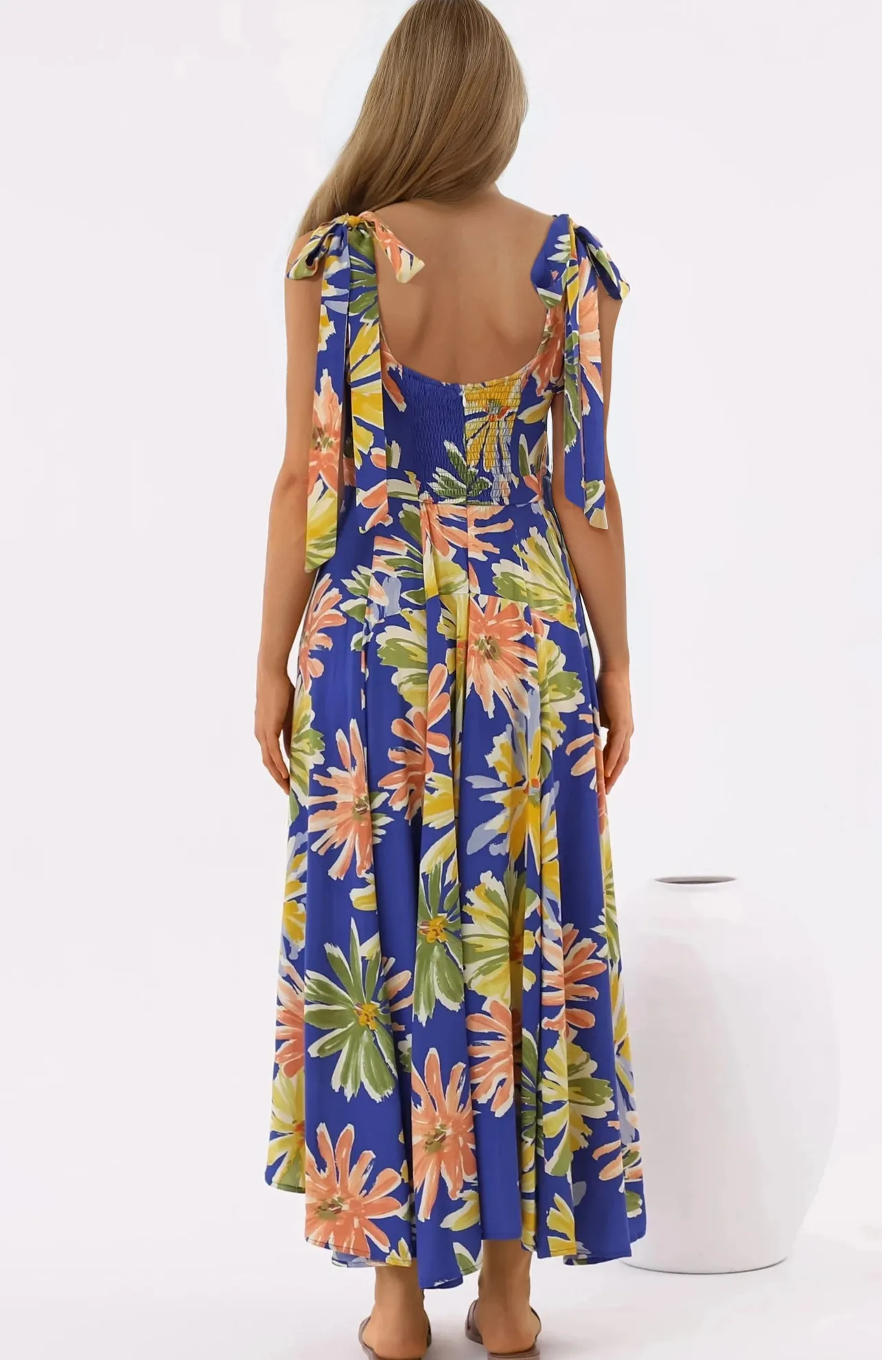 Hilde Maxi Dress - Tie Sleeve A-Line Sun Dress in Rosalia Print>Salty Crush Clearance
