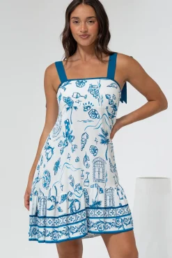 Himari Mini Dress - Tie Up Strap Tiered Sun Dress with Contrast Neckline Trim in Kiri Print>Salty Crush Best