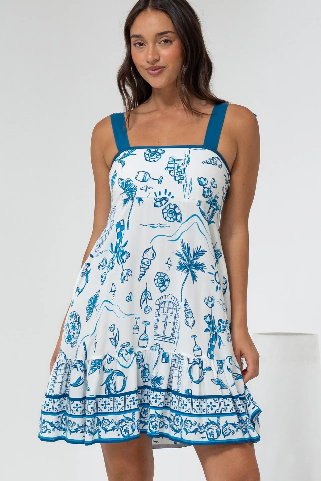 Himari Mini Dress - Tie Up Strap Tiered Sun Dress with Contrast Neckline Trim in Kiri Print>Salty Crush Best