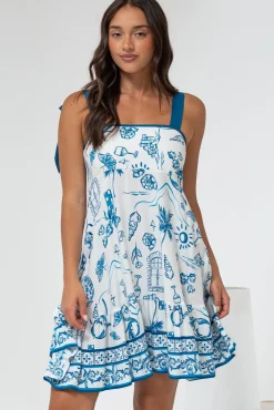 Himari Mini Dress - Tie Up Strap Tiered Sun Dress with Contrast Neckline Trim in Kiri Print><noscript><img width=