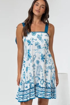 Himari Mini Dress - Tie Up Strap Tiered Sun Dress with Contrast Neckline Trim in Kiri Print><noscript><img width=