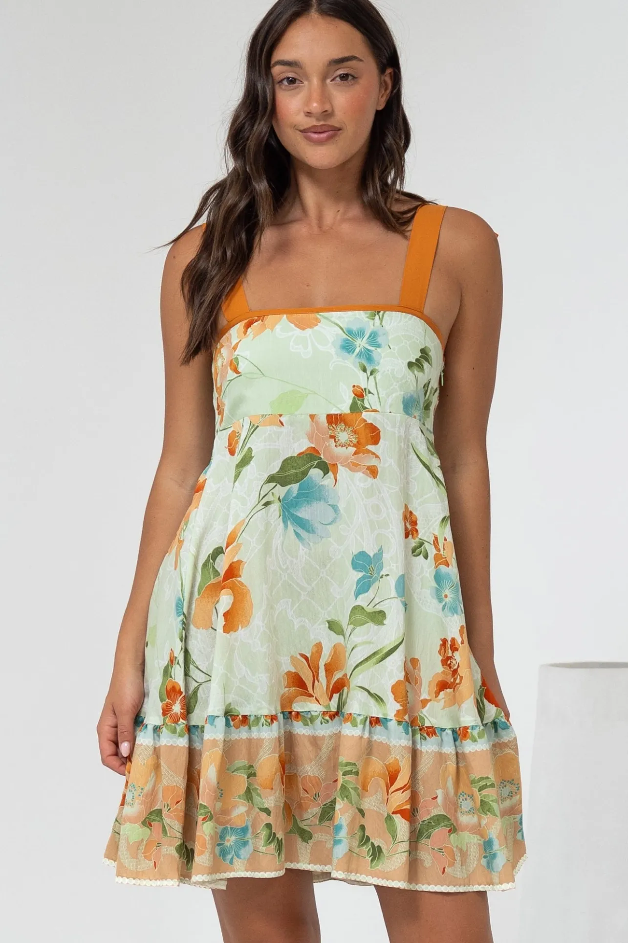 Himari Mini Dress - Tie Up Strap Tiered Sun Dress with Contrast Neckline Trim in Noriko Print>Salty Crush Hot