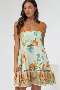 Himari Mini Dress - Tie Up Strap Tiered Sun Dress with Contrast Neckline Trim in Noriko Print><noscript><img width=
