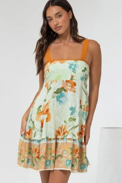 Himari Mini Dress - Tie Up Strap Tiered Sun Dress with Contrast Neckline Trim in Noriko Print><noscript><img width=