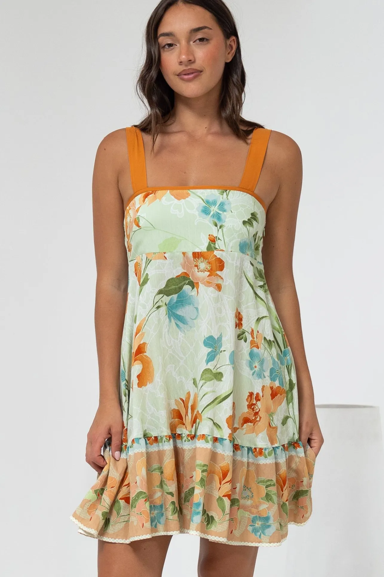Himari Mini Dress - Tie Up Strap Tiered Sun Dress with Contrast Neckline Trim in Noriko Print>Salty Crush Hot