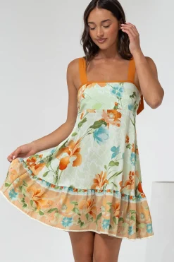 Himari Mini Dress - Tie Up Strap Tiered Sun Dress with Contrast Neckline Trim in Noriko Print><noscript><img width=