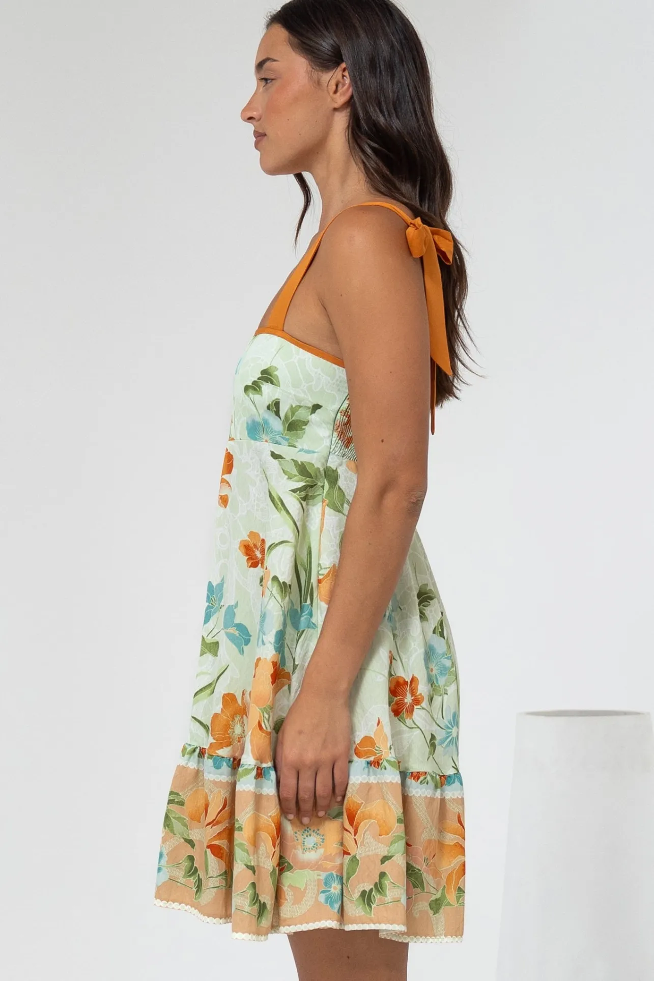 Himari Mini Dress - Tie Up Strap Tiered Sun Dress with Contrast Neckline Trim in Noriko Print>Salty Crush Hot