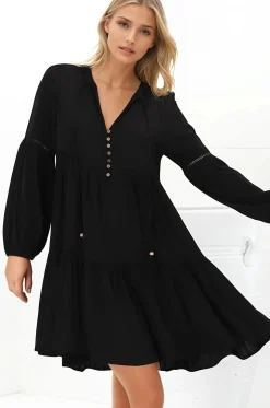 Hollis Mini Dress - Buttoned Bodice Long Sleeve Smock Dress in Black><noscript><img width=