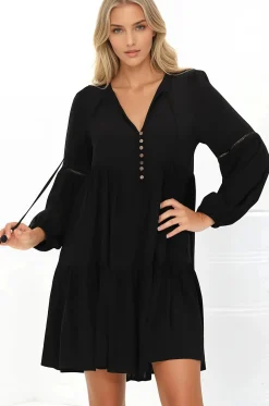 Hollis Mini Dress - Buttoned Bodice Long Sleeve Smock Dress in Black><noscript><img width=