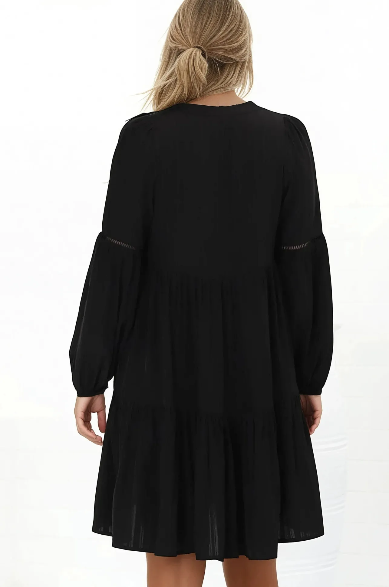 Hollis Mini Dress - Buttoned Bodice Long Sleeve Smock Dress in Black>Salty Crush Discount