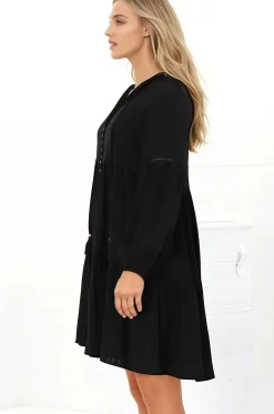 Hollis Mini Dress - Buttoned Bodice Long Sleeve Smock Dress in Black><noscript><img width=