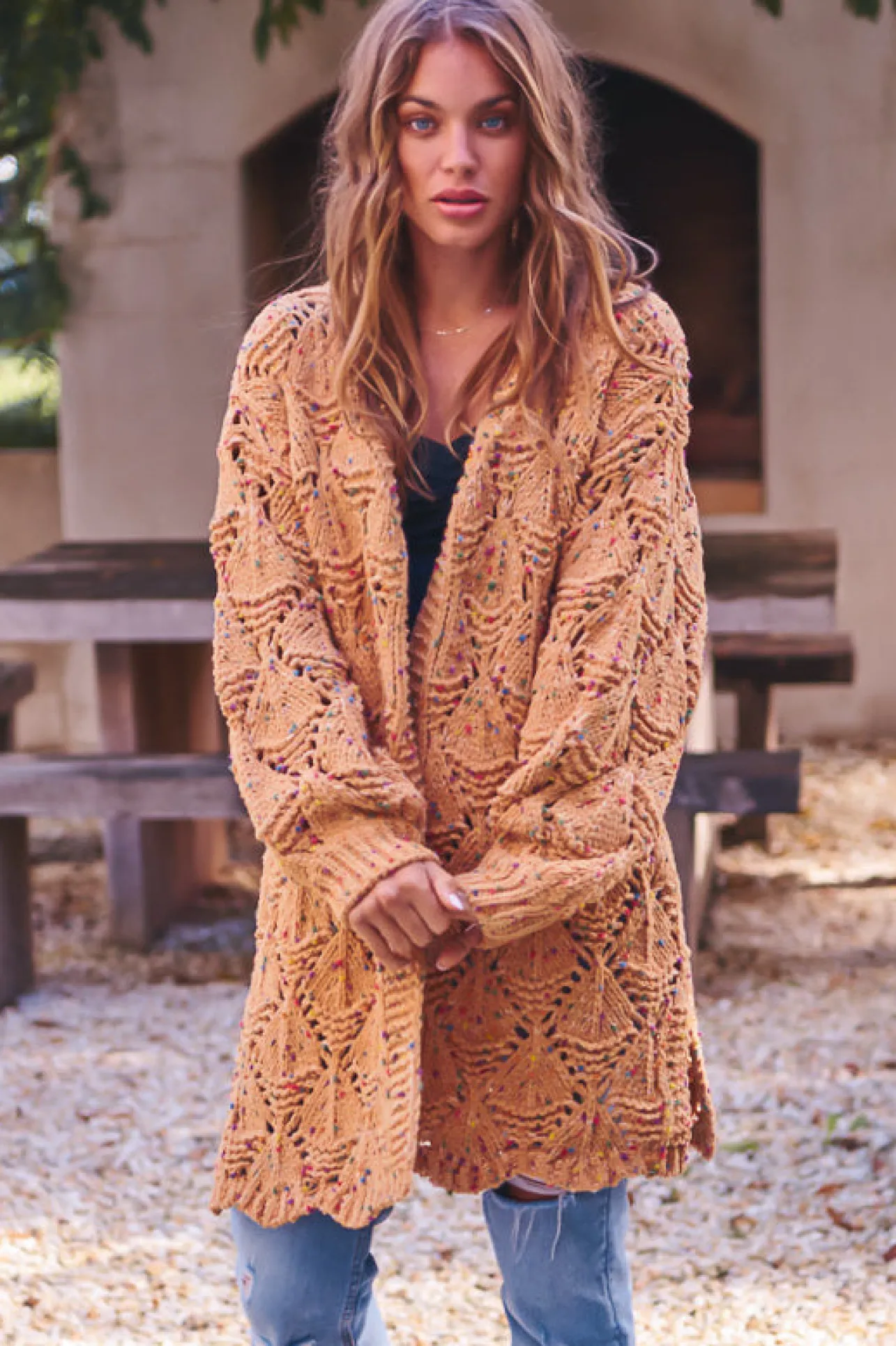 Honour Cardigan - Rainbow Speck Open Knit Cardigan in Mustard>Jaase Best