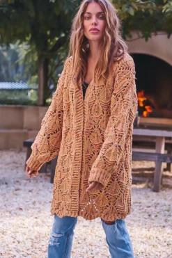 Honour Cardigan - Rainbow Speck Open Knit Cardigan in Mustard><noscript><img width=