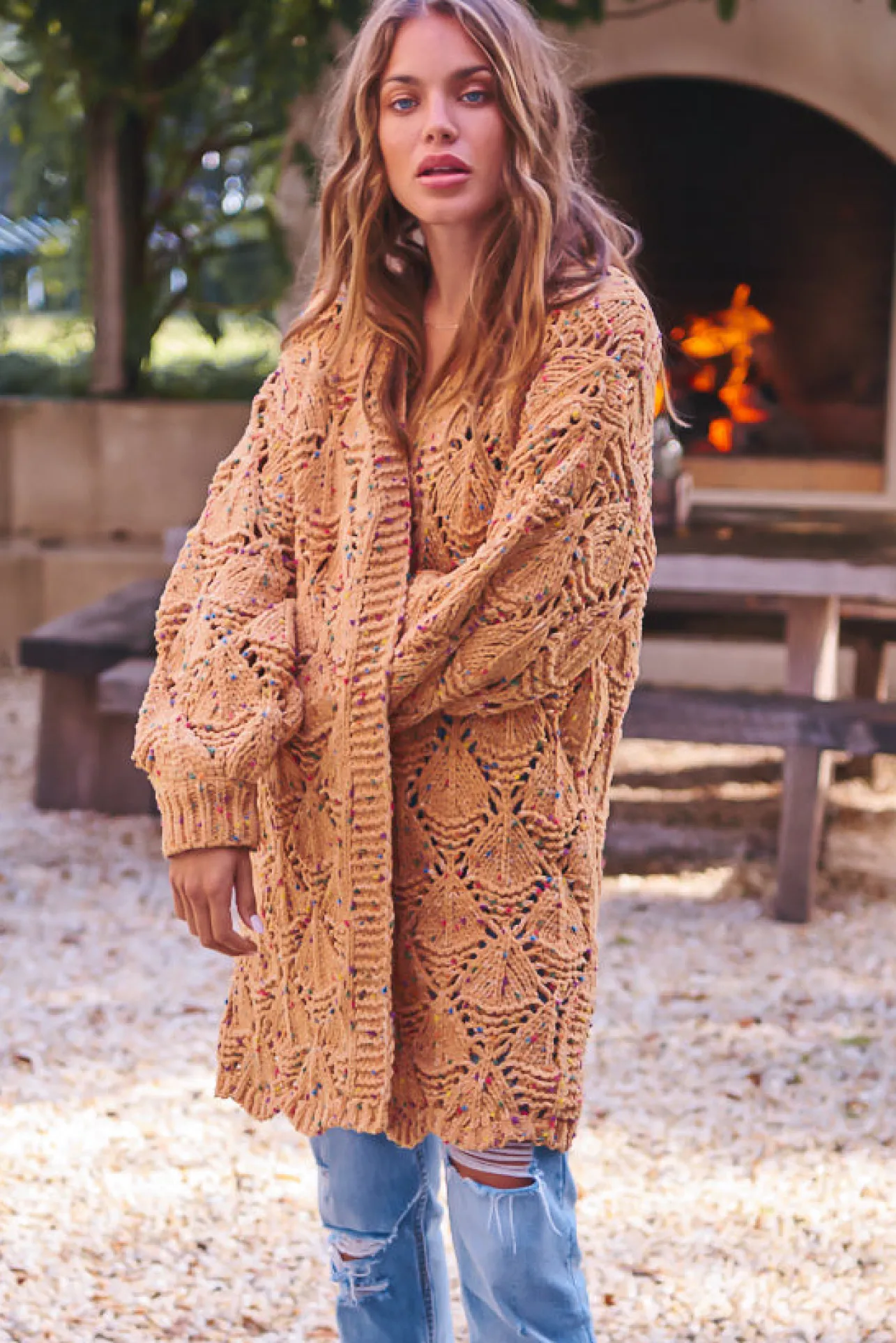 Honour Cardigan - Rainbow Speck Open Knit Cardigan in Mustard>Jaase Best