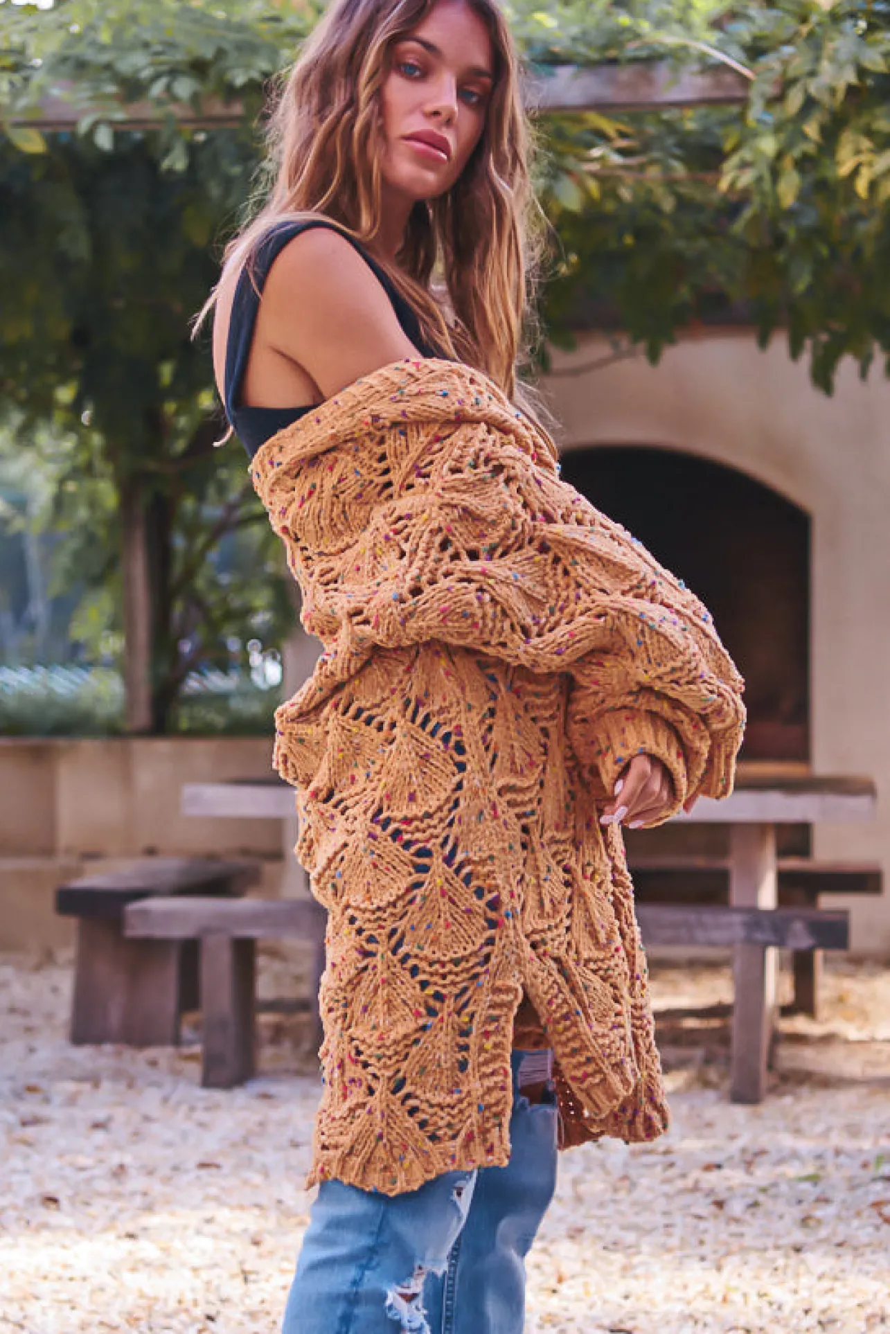 Honour Cardigan - Rainbow Speck Open Knit Cardigan in Mustard>Jaase Best