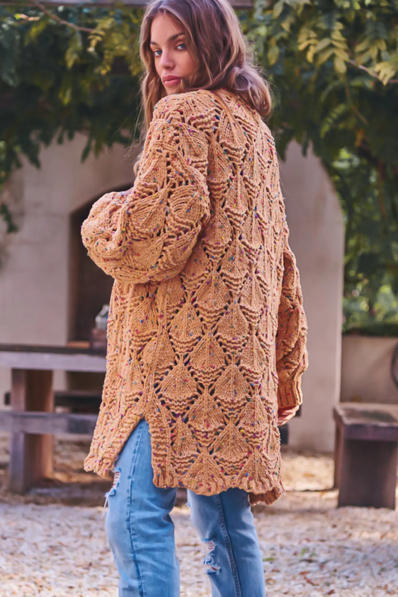 Honour Cardigan - Rainbow Speck Open Knit Cardigan in Mustard>Jaase Best