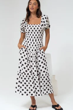 Hush Midi Dress - Square Neckline Dress with Pockets in Chocolate Spot>Salty Crush Best