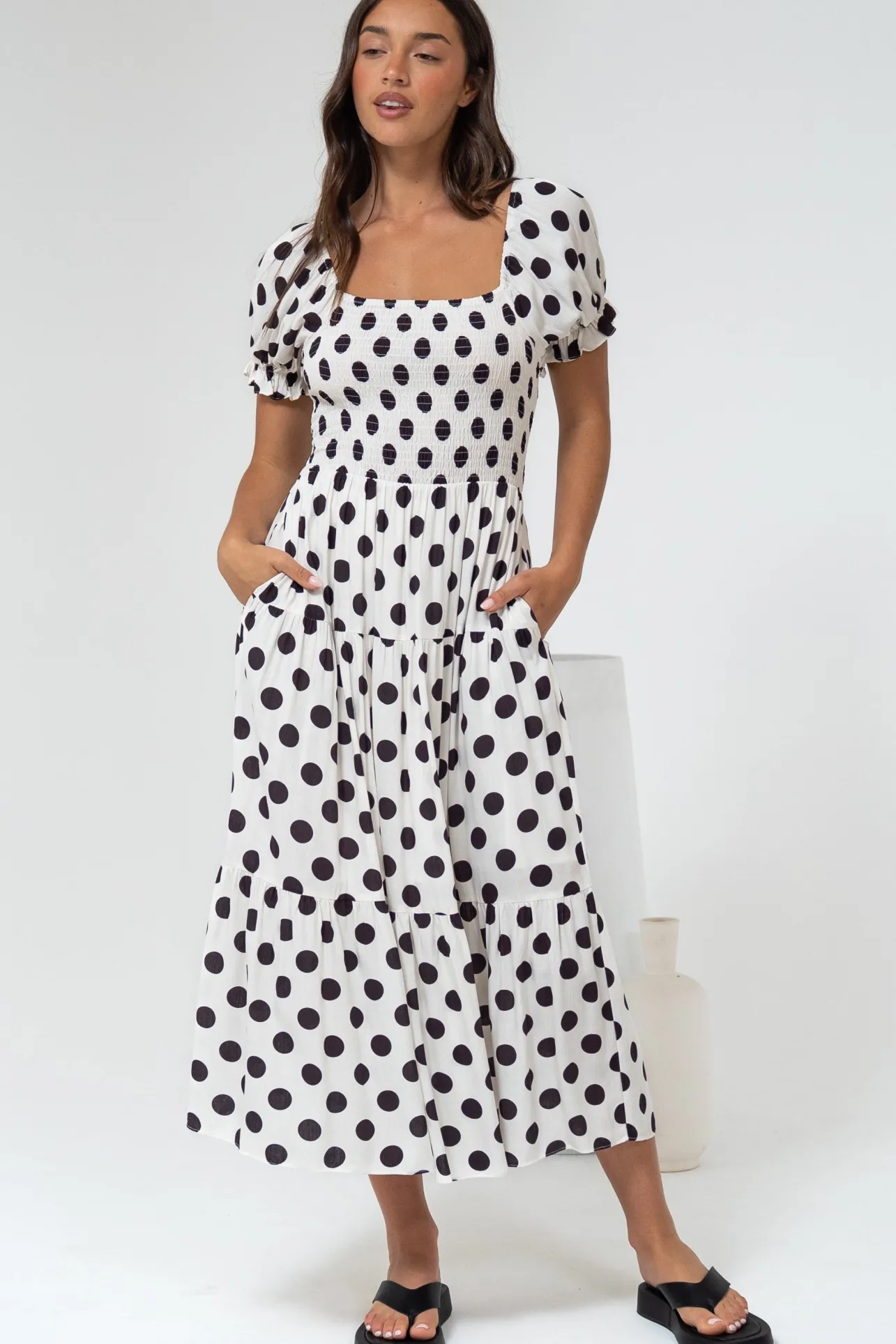 Hush Midi Dress - Square Neckline Dress with Pockets in Chocolate Spot>Salty Crush Best