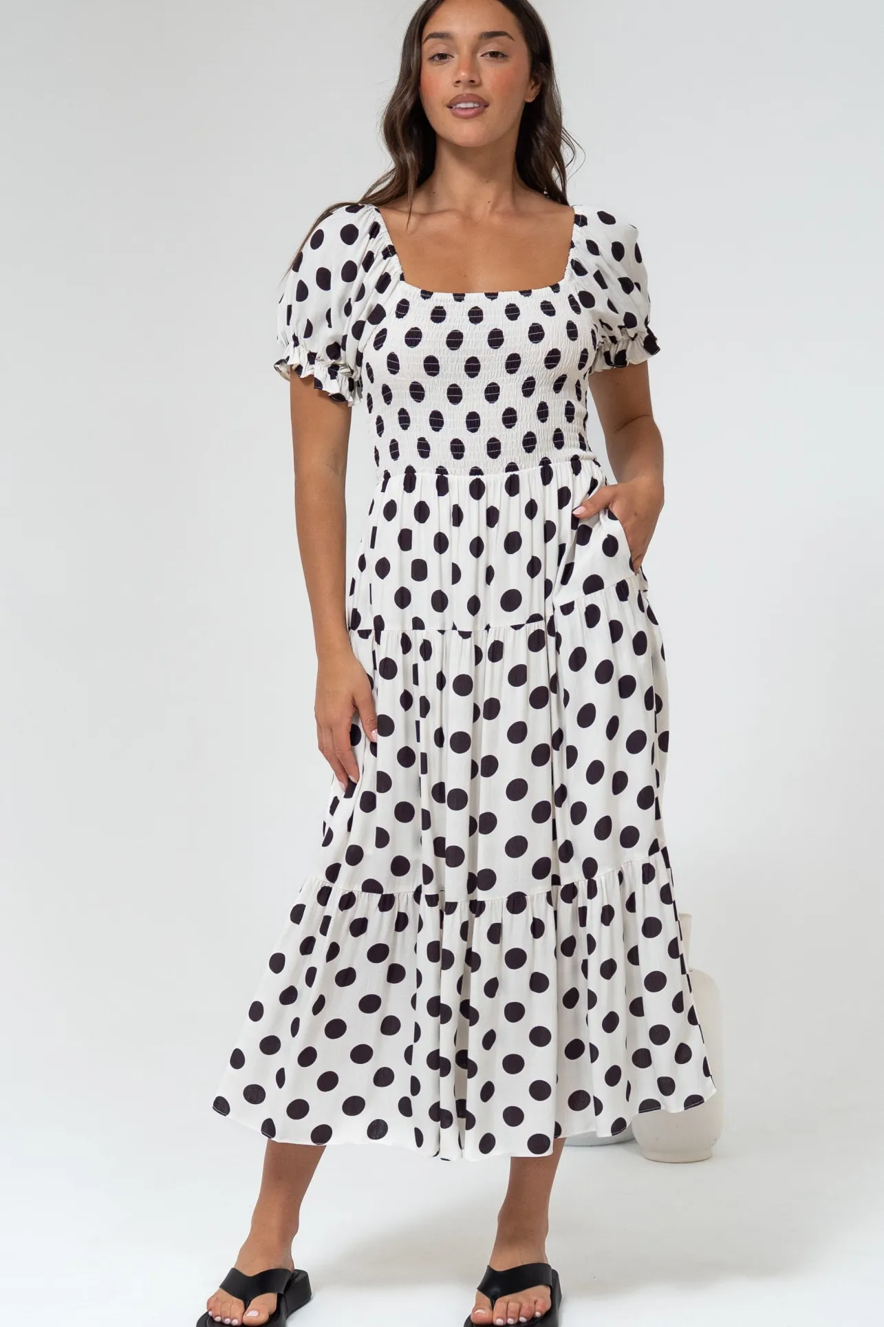 Hush Midi Dress - Square Neckline Dress with Pockets in Chocolate Spot>Salty Crush Best