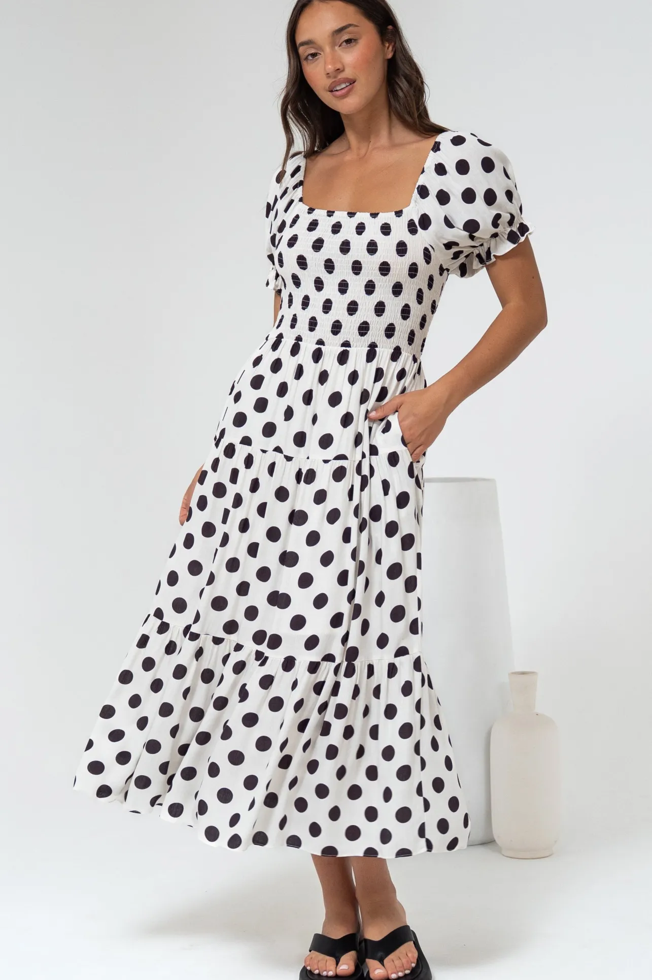 Hush Midi Dress - Square Neckline Dress with Pockets in Chocolate Spot>Salty Crush Best